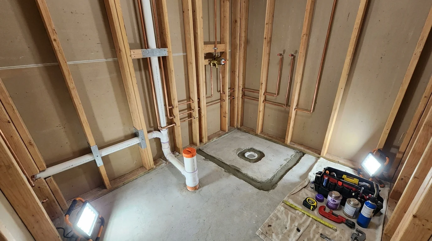 Bathroom rough-in plumbing during remodel by Johns Plumbing LLC in Shelburne Falls
