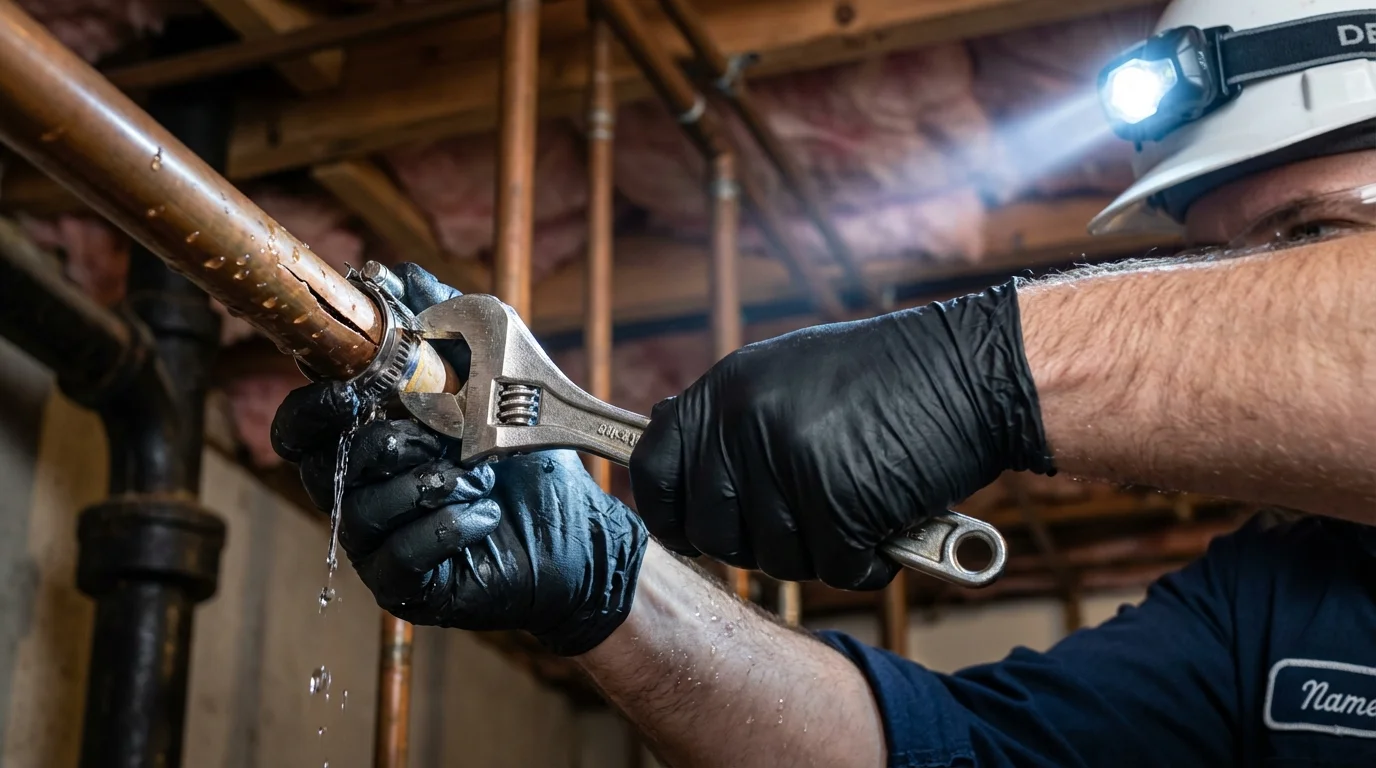 Emergency pipe clamp repair being performed by a Johns Plumbing LLC plumber in Shelburne Falls