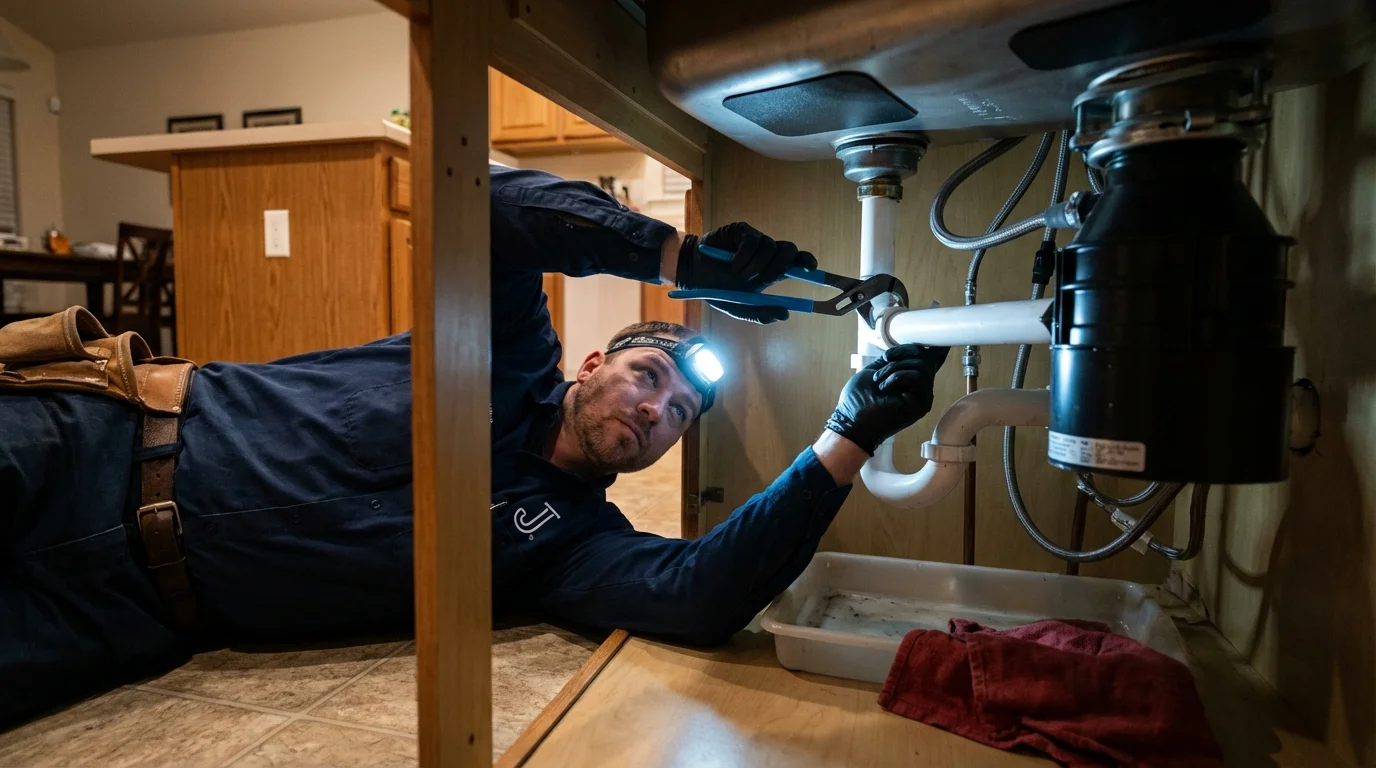 P-trap and supply line connections under a kitchen sink showing a common leak point in Shelburne Falls, MA